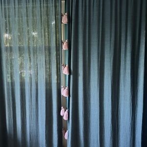 2 Sets of Cotton Teal Curtains with Pink Tassels